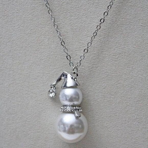 New Silver Tone, Faux Pearl and Rhinestone Snowman Necklace N2 - Picture 2 of 3